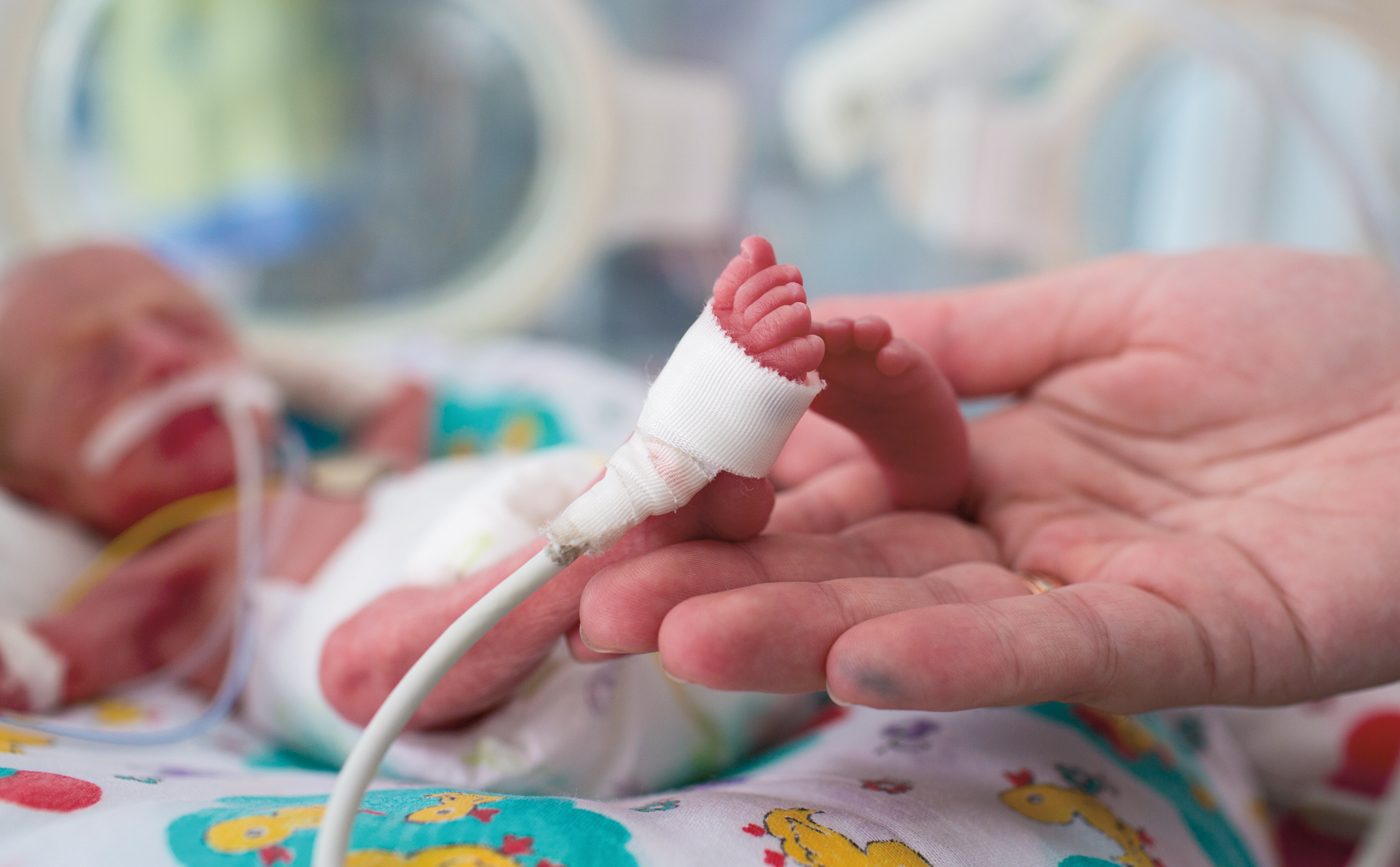 Stock photo of infant in incubator